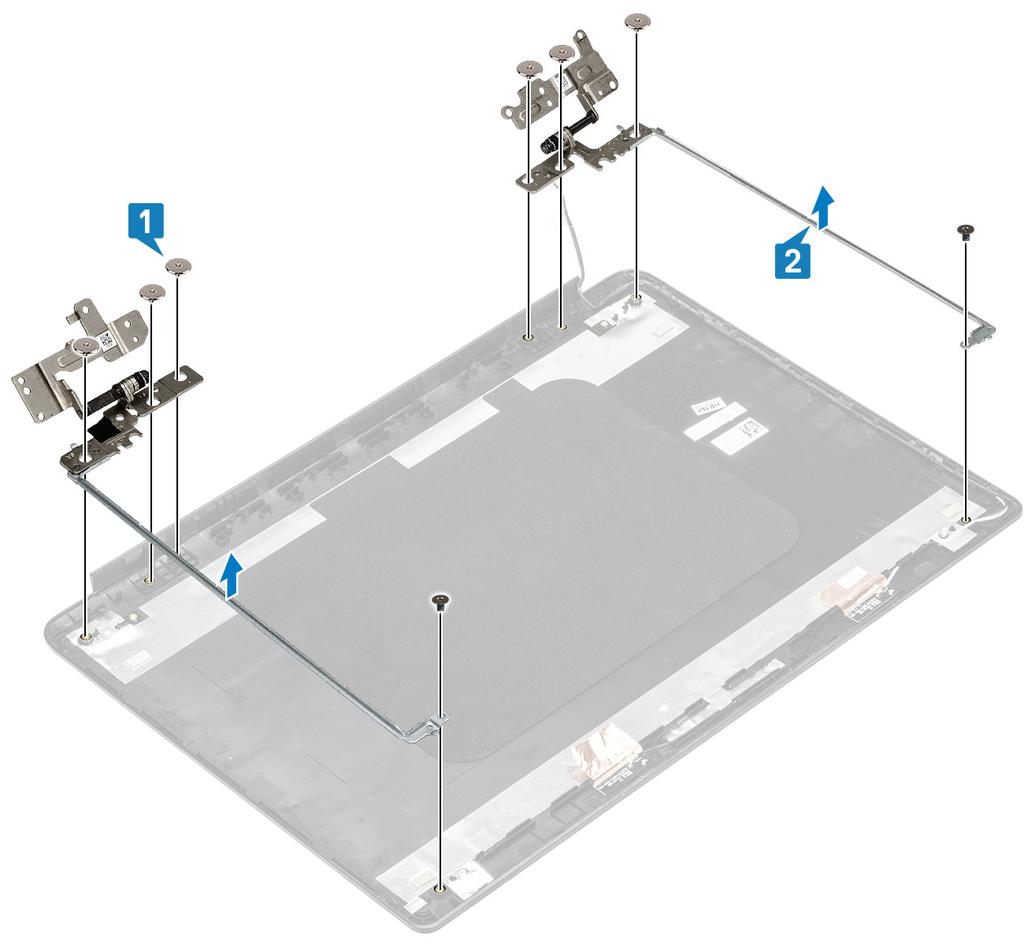 8 Wymontuj panel wyświetlacza. Kroki 1 Wykręć sześć śrub (M2,5x2,5) i dwie śruby (M2x2,5), które mocują zawiasy do pokrywy tylnej wyświetlacza [1].