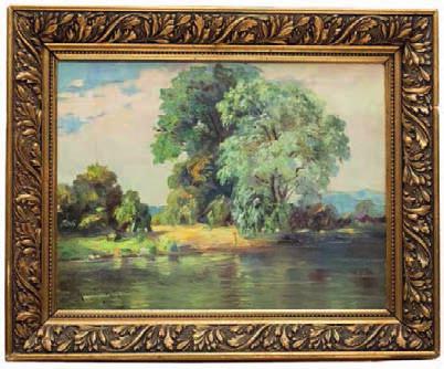 ) Drzewa nad wodą olej, płótno, 30,5 40 cm sygn. l. d.: K.