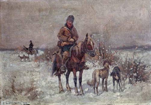 3 Adam Setkowicz (1875 Kraków 1945 tamże) Polowanie, 1919 r. olej, tektura, 24 35 cm w świetle ramy sygn. i dat.