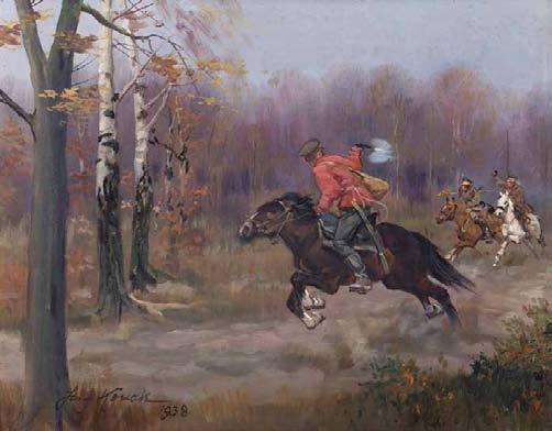 4 Jerzy Kossak (1886 Kraków 1955 tamże) Pogoń, 1938 r. olej, tektura, 40 50 cm sygn.