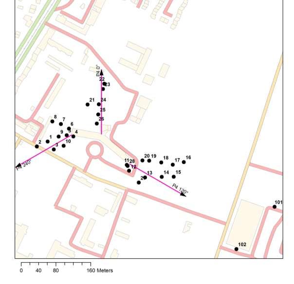 Sprawozdanie: nr 0110101017/WRO04 Strona 19 z 82 C. Badany obiekt Lokalizacje punktów pomiarowych w otoczeniu badanej stacji bazowej przedstawiono na Rys.