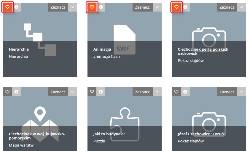 zaznaczyć zasoby, które mają znaleźć się w ulubionych poprzez kliknięcie ikony zlokalizowanej w lewym górnym rogu miniatury zasobu (jak zaznaczono poniżej) zasoby zostaną automatycznie dodane do