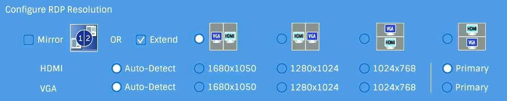 Tryb rozszerzony: Terminal będzie wyświetlał na obu podłączonych monitorach (do portu VGA oraz HDMI) pulpity w trybie rozszerzonym. Maksymalna obsługiwana rozdzielczość to 1680x1050.