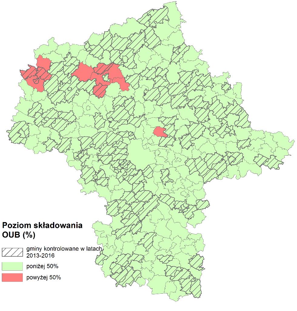 Poziom ograniczenia masy OUB przekazywanych do składowania Rok 2015 Region gospodarki odpadami komunalnymi (liczba gmin w regionie) Liczba gmin, które osiągnęły wymagany poziomy ograniczenia OUB 75%