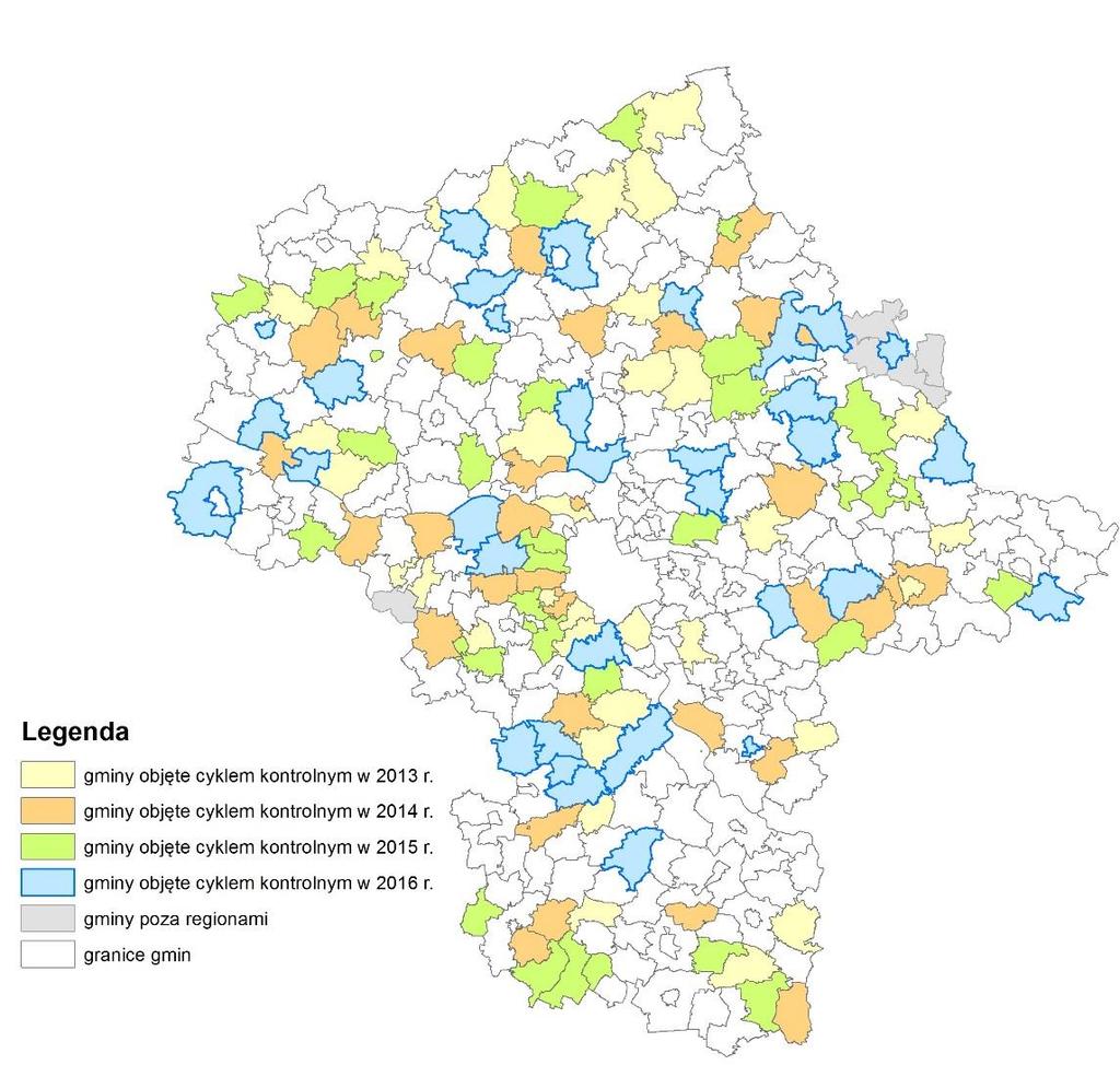 Gminy objęte I, II, III i IV cyklem kontrolnym RGOK (liczba gmin w regionie) I cykl 2013 r. II cykl 2014 r. III cykl 2015 r. IV cykl 2016 r.