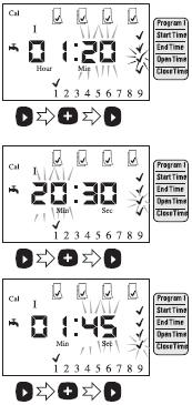 12 5 Program I (nawadnianie pulsacyjne) Ustaw Start time i End time (czas pocz. i końc.) aby zdefiniować okno nawodn. (godz. & min.). Ustaw Open time i Close time (czas otw.i zamk.) (godz., min.& sek.