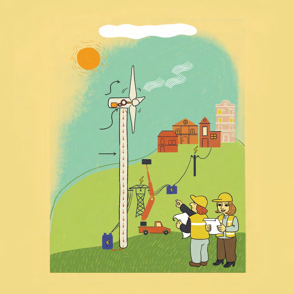 Jak więc działa turbina wiatrowa? 1. Wiatr obraca łopaty 2. Powoduje wirowanie generatora wytwarzającego energię 3. Tak powstaje prąd, który 4.