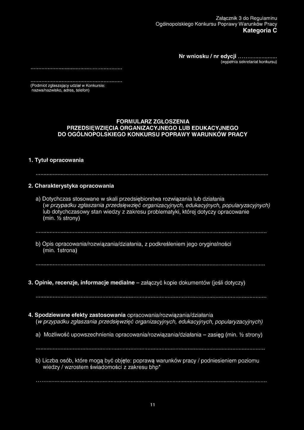 KONKURSU POPRAWY WARUNKÓW PRACY 1. Tytuł opracowania 2.