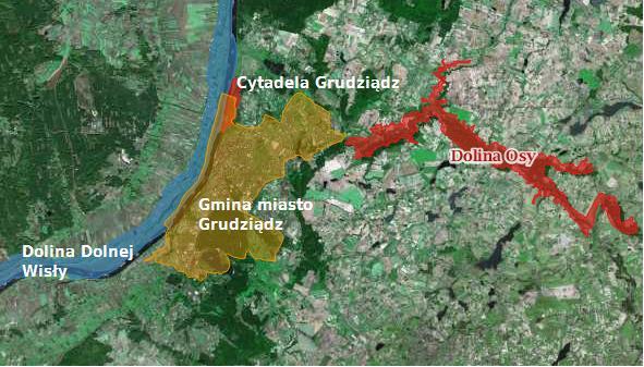 Obszary Natura 2000 Rysunek 3 Gmina - miasto Grudziądz względem najbliżej położonych obszarów Natura 2000 PLH 040033 Dolina Osy Obszar posiada powierzchnię 2183,69 ha.