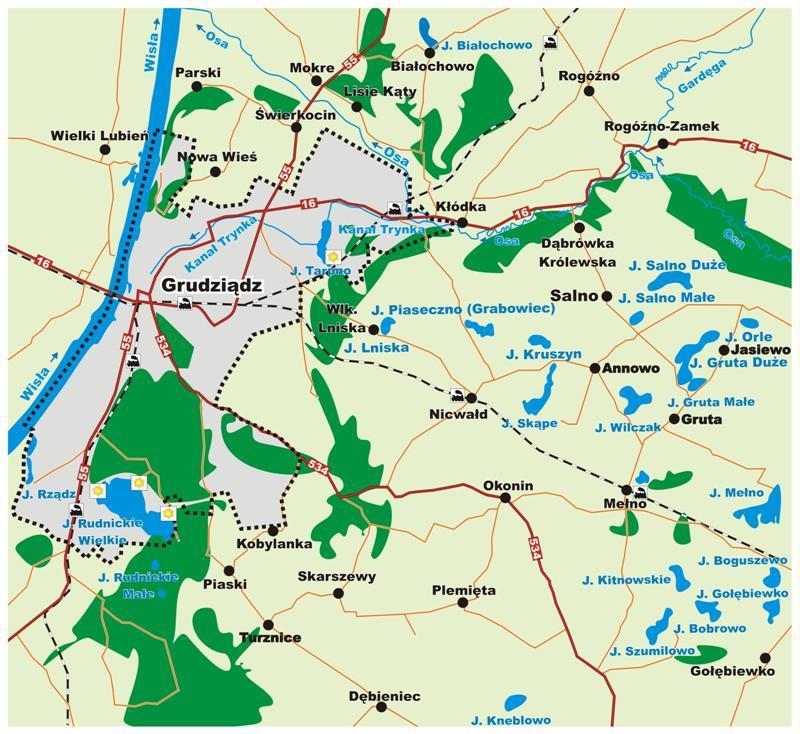 Rysunek 5 Wody na terenie Gminy - miasto Grudziądz (źródło: Programu Ochrony Środowiska dla Gminy - miasto Grudziądz na lata 2015-2018 z uwzględnieniem perspektywy na lata 2019-2022 Jednolite części