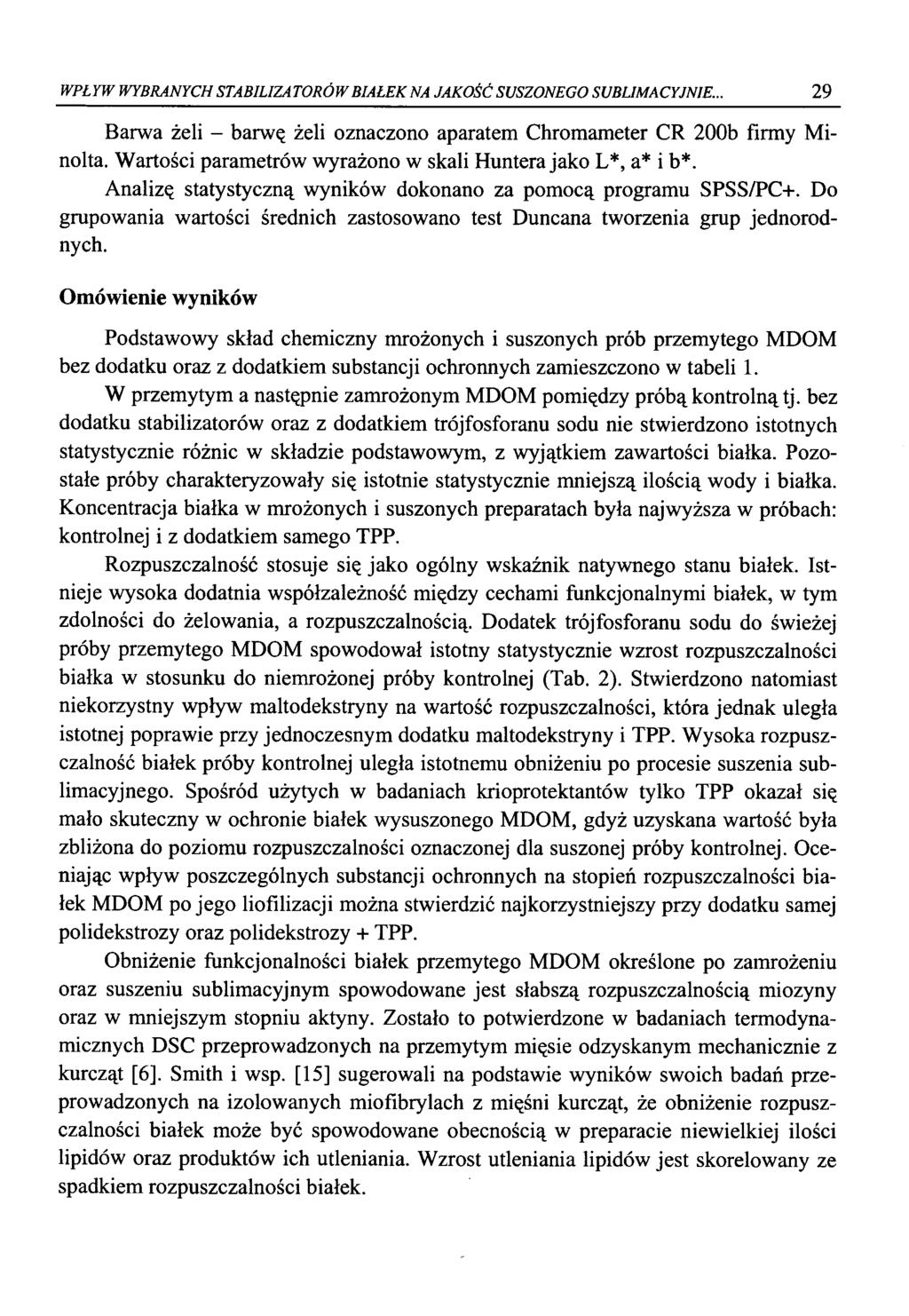 WPŁYW WYBRANYCH STABILIZATRÓW BIAŁEK NA JAKŚĆ SUSZNEG SUBLIMACYJNIE... 29 Barwa żeli - barwę żeli znaczn aparatem Chrmameter CR 200b firmy Minlta.