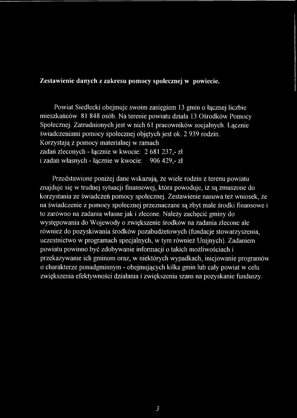Korzystają z pomocy materialnej w ramach zadań zleconych - łącznie w kwocie: 2 681 237,- zł i zadań własnych - łącznie w kwocie: 906 429,- zł Przedstawione poniżej dane wskazują, że wiele rodzin z