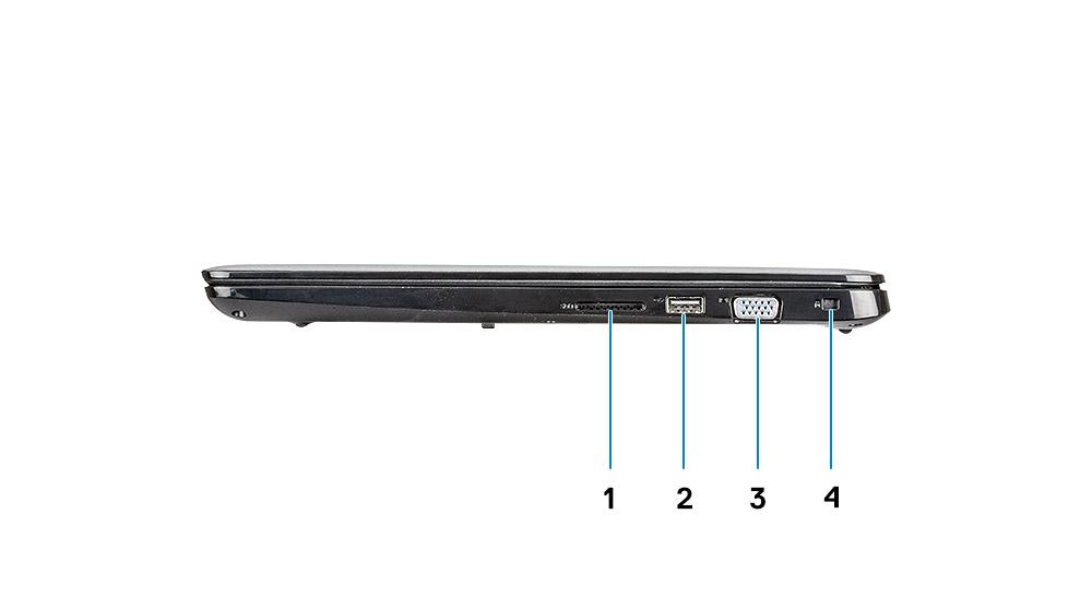 1 Złącze zasilania 2 Lampka stanu akumulatora 3 Złącze USB Type-C 3.1 pierwszej generacji z obsługą zasilania i złącza DisplayPort 4 Port HDMI 1.4 5 Port sieciowy 6 Złącze USB 3.
