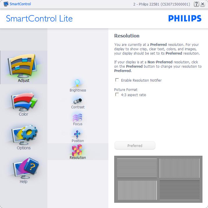 3. Optymalizacja obrazu Uruchomienie w oknie Standard (Standardowe): Menu Adjust (Dostosuj): Menu Adjust (Dostosuj) umożliwia dostosowanie ustawień, takich jak Brightness (Jasność), Contrast