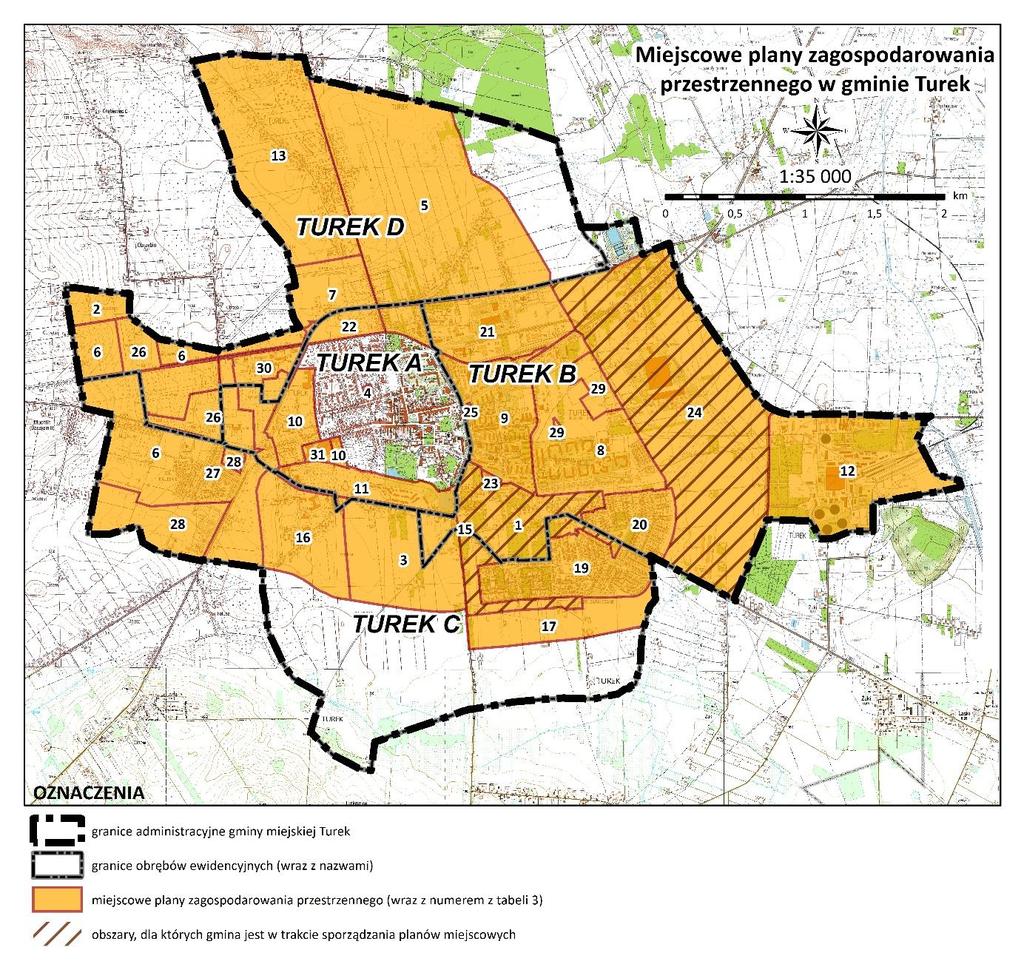 Schemat 2. Granice obowiązujących miejscowych planów zagospodarowania przestrzennego w gminie Turek. Źródło: opracowanie własne na podstawie danych z Urzędu Miejskiego w Turku.