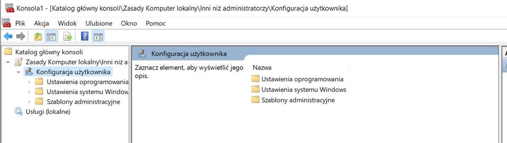 Nasza konsola prezentuje się następująco (widosk na Zasady Komputer lokalny\inni niż administratorzy): Tak utworzoną konsole możemy zapisać bądź edytować. ZADANIA DO WYKONANIA: 1.