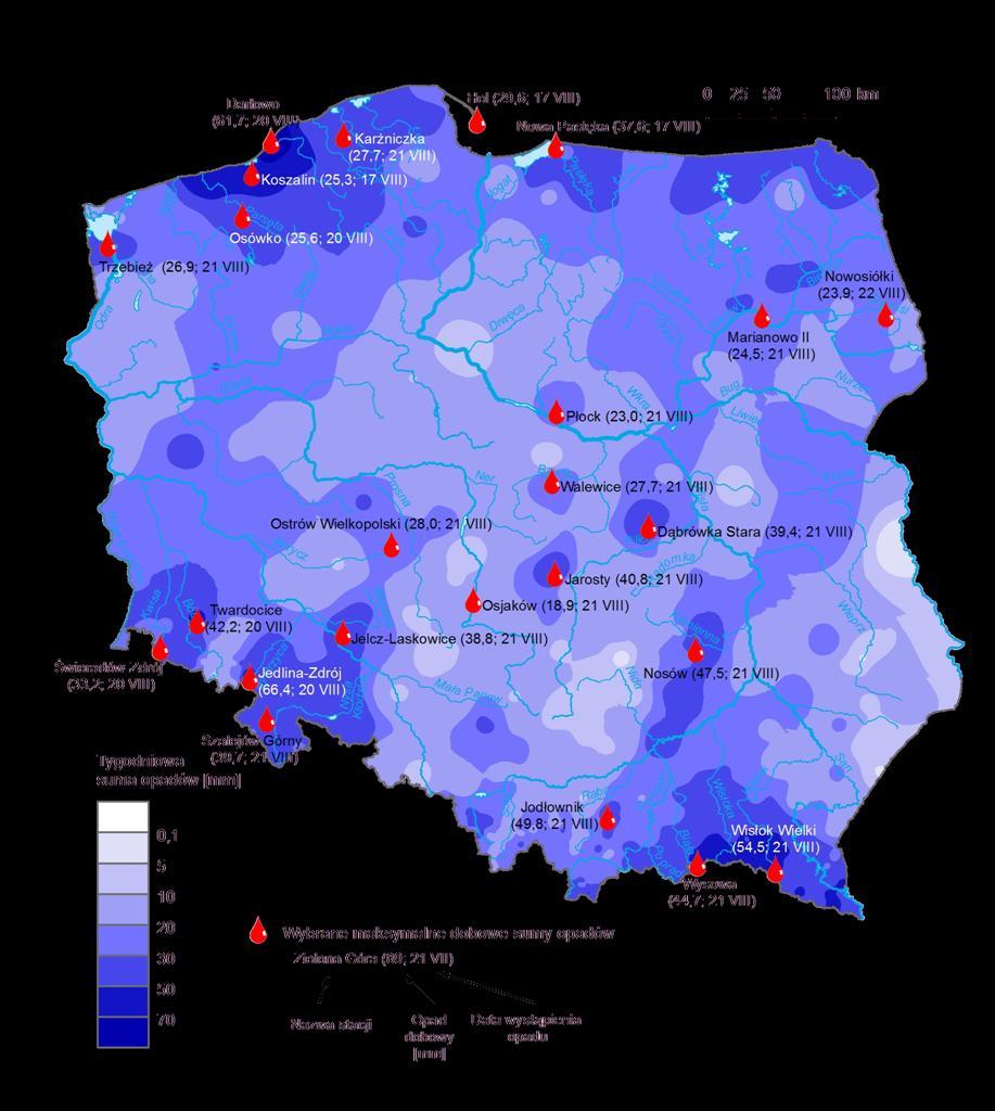 3. Rozkład tygodniowej sumy opadów oraz wybrane maksymalne