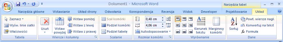 FORMATOWANIE TABEL Karta Wstawianie grupa Tabele przycisk Tabela - polecenie Wstaw tabelę Aby umieścić podpis tabeli należy jej uchwyt pojawiający się przy lewym górnym narożniku kliknąć prawym