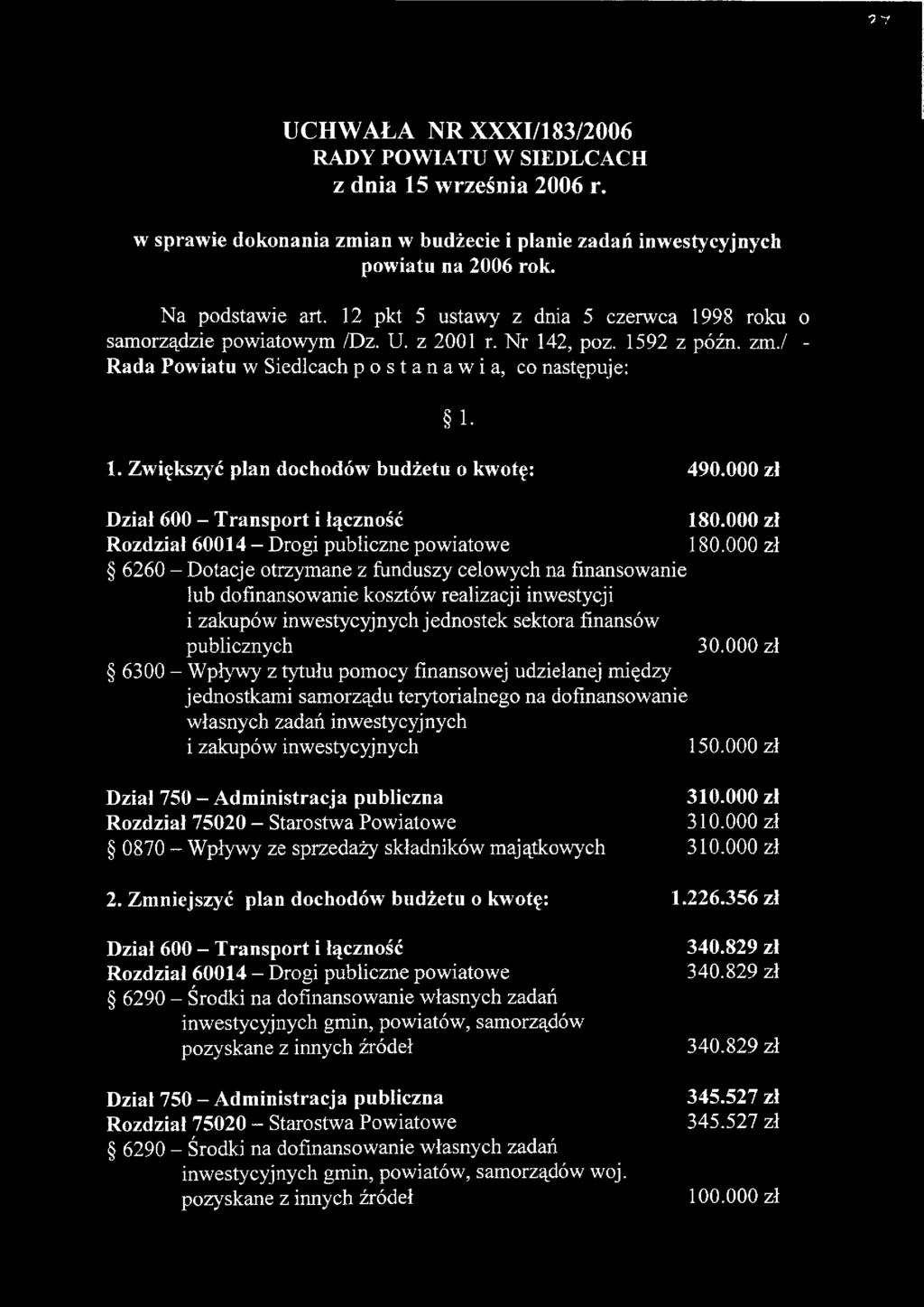 000 zł Dział 600 - Transport i łączność Rozdział 60014 - Drogi publiczne powiatowe 6260 - Dotacje otrzymane z funduszy celowych na finansowanie lub dofinansowanie kosztów realizacji inwestycji i