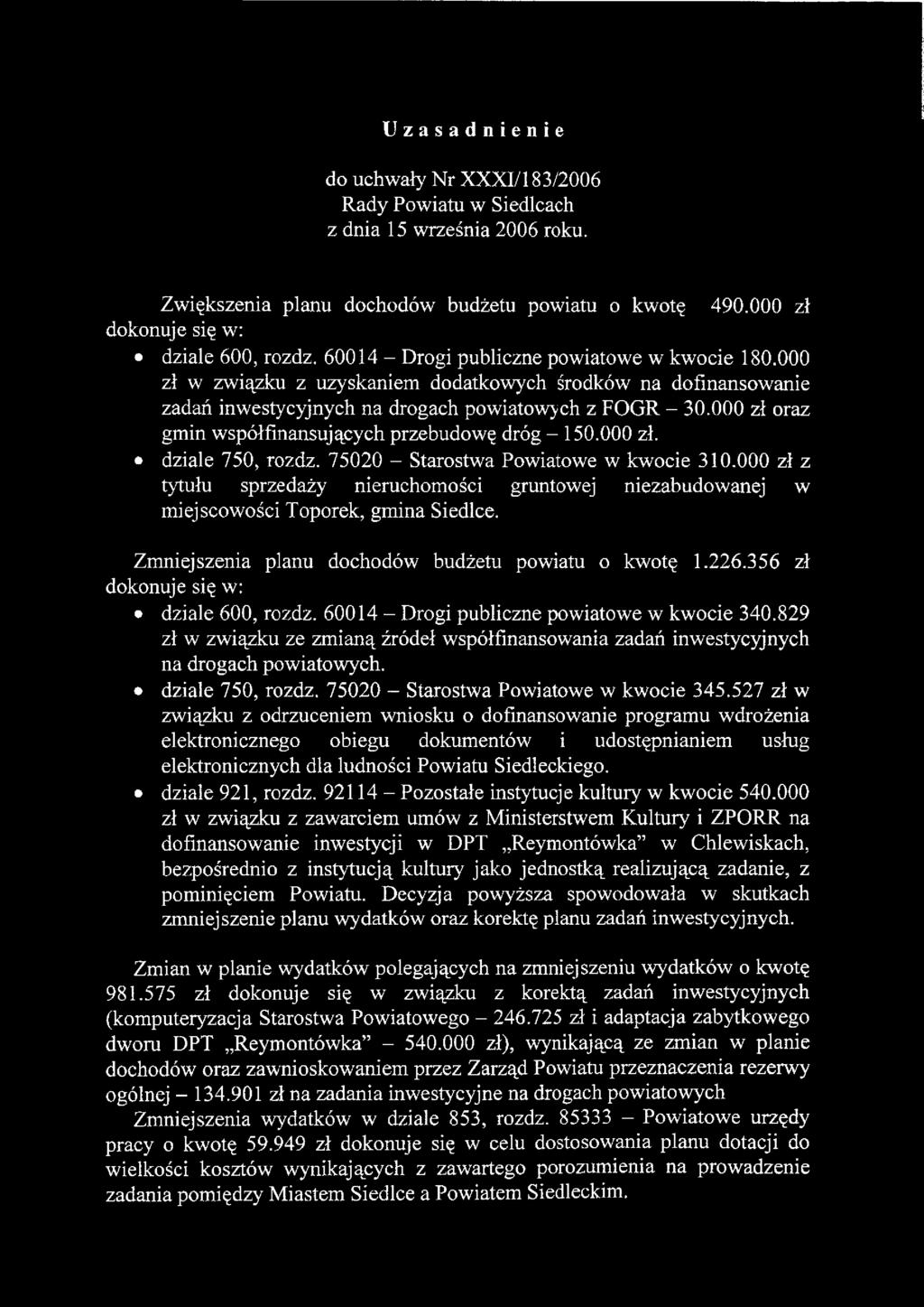 000 zł oraz gmin współfinansujących przebudowę dróg - 150.000 zł. dziale 750, rozdz. 75020 - Starostwa w kwocie 310.