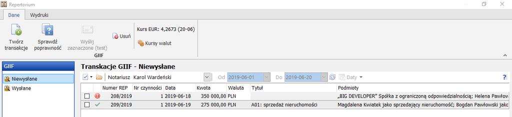 16 S t r o n a Możliwe są 3 statusy dla transakcji: Do wprowadzenia nowa transakcja zostanie utworzona w module GIIF, Wprowadzono informacja, że taka transakcja została już utworzona, Nie podlega nie