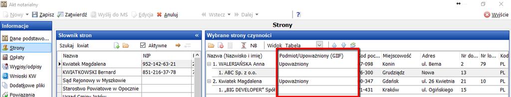 8 S t r o n a Przykłady oznaczeń dla stron czynności i ich odzwierciedlenie w widoku podmiotów w sekcji GIIF zakładki Opłaty.