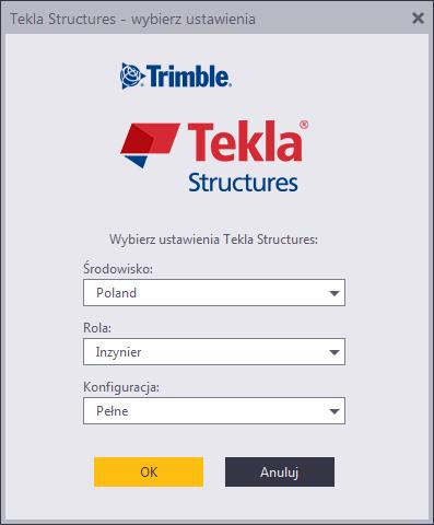 Pojawi się okno dialogowe Tekla Structures - wybierz ustawienia. 2. Wybierz środowisko. Jeśli odpowiedniego środowiska nie ma na liście, zobacz Instalacja Tekla Structures (strona 22).