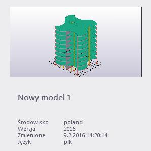 6. Kliknij Utwórz. Tekla Structures tworzy model i otwiera domyślny widok modelu. Elementy widoku modelu mogą się różnić w zależności od szablonu modelu wybranego w etapie 4.