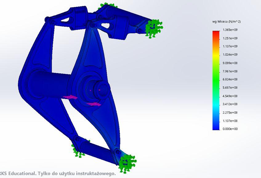 6. Porównanie wyników wytrzymałościowych z analizą SolidWorks Simulation Poniżej wstawione są symulacje przeprowadzone w programie SolidWorks Simulation, dla tego samego złożenia i tak samo