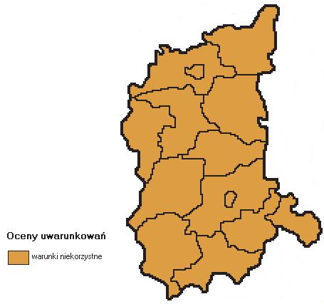 27 Oceny uwarunkowań warunki niekorzystne Rys. 2. Mapa oceny glebowo-wodnych uwarunkowań rozwoju melioracji w województwie lubuskim; źródło: opracowanie własne Tabela 13.