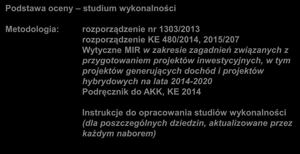 Kryteria finansowe Podstawa oceny studium wykonalności Metodologia: rozporządzenie nr 1303/2013 rozporządzenie KE 480/2014, 2015/207 Wytyczne MIR w zakresie zagadnień związanych z przygotowaniem