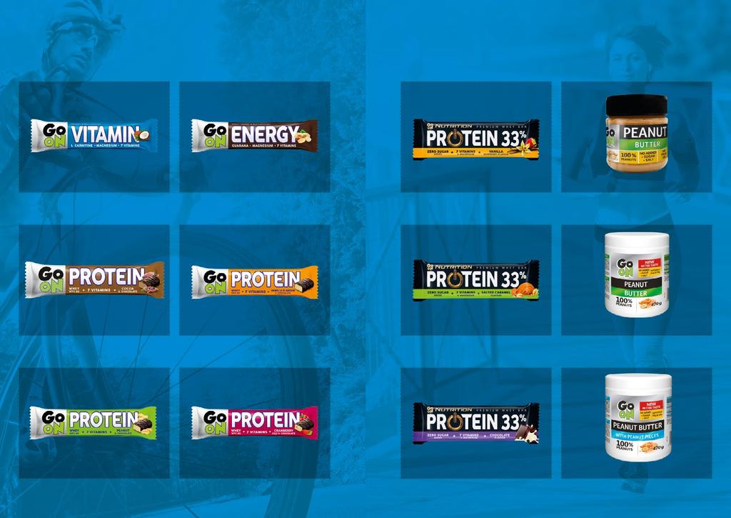 10 11 Baton GO ON Vitamin 50g (24 szt./23% VAT) Baton GO ON Energy 50g (24 szt./23% VAT) Go On Nutrition Protein Bar 33% Vanilla-Raspberry 50g (25 szt./8% VAT) Go On Peanut Butter Smooth 180g (6 szt.