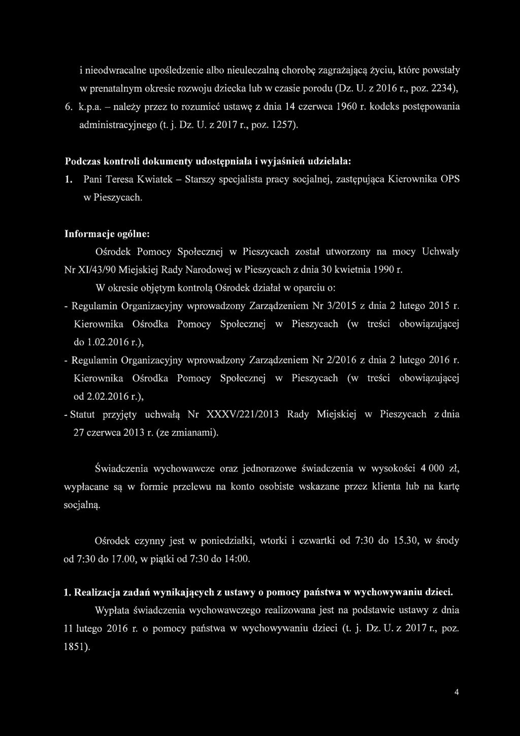 Pani Teresa Kwiatek - Starszy specjalista pracy socjalnej, zastępująca Kierownika OPS w Pieszycach.