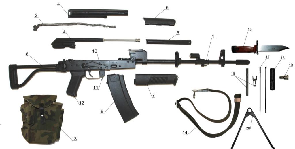 zamkowej; 5 rura gazowa; 6 nakładka; 7 łoże; 8 kolba z osadą; 9 magazynek; 10 bezpiecznik; 11 zatrzask magazynka; 12 rękojeść; 13 torba na magazynki; 14 pas do broni strzeleckiej; 15 bagnet; 16 łódka