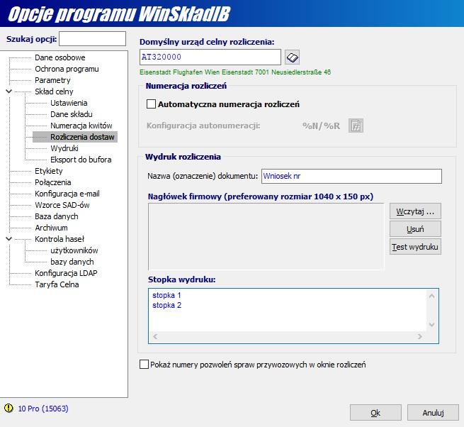 3. Opcje rozliczeń automatyczna numeracja rozliczeń Opcje programu Skład celny Rozliczenia dostaw. Rys.2. Opcje rozliczeń w WinSkład v. 18.40.