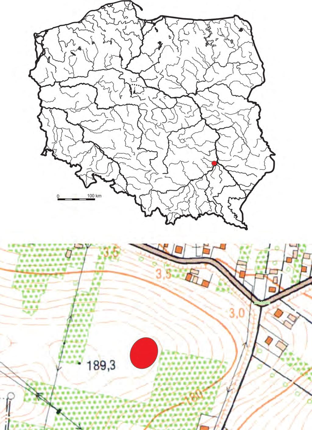 Ryc. 1. Rzeczyca Sucha, pow. sandomierski, stan. 5. Lokalizacja stanowiska oraz wykopów sondażowych (opr. D.K. Płaza) Abb.