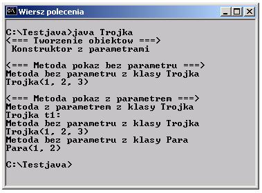 pokaz("para p2: "); Przedefiniowanie metody Przedefiniowanie metody klasy bazowej w klasie pochodnej następuje wtedy, gdy w klasie pochodnej zdefiniujemy metodę z taką samą sygnaturą (nazwa i lista