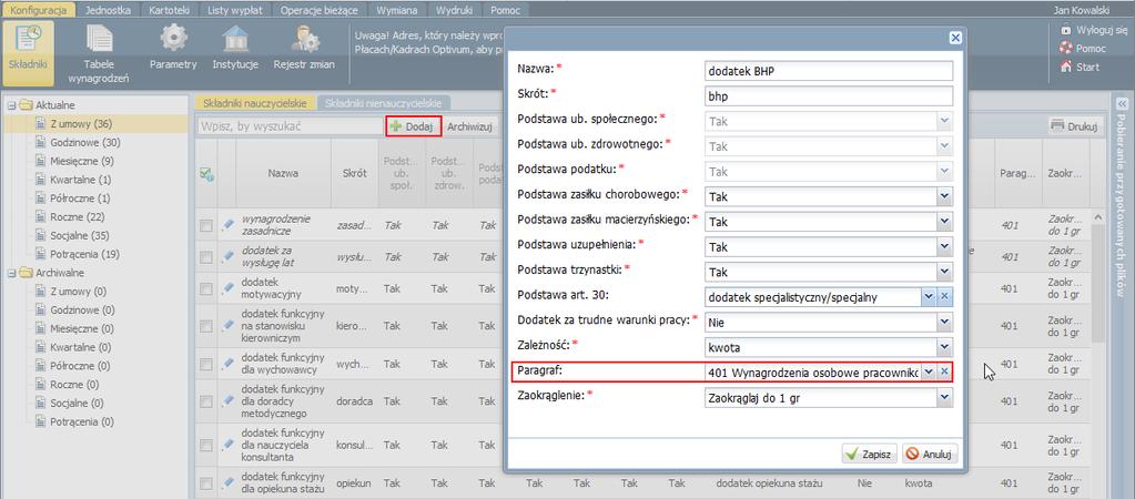 budżetowej? 4/10 Przypisywanie paragrafów do składników W następnym kroku należy zdefiniować składniki występujące na listach wypłat. Każdy składnik należy powiązać z odpowiednim paragrafem.