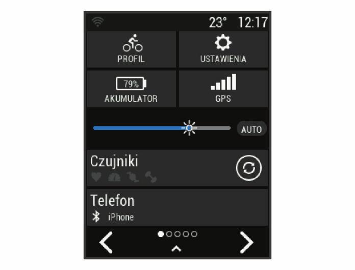 Ogólne informacje o ekranie głównym Ekran główny zapewnia szybki dostęp do wszystkich funkcji urządzenia Edge. Wybierz tę opcję, aby rozpocząć jazdę. Użyj strzałek, aby zmienić profil aktywności.