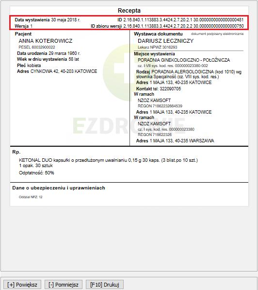 Rysunek 20 E-recepta - sekcja danych recepty Powyżej zaznaczono sekcję, w której znajdziesz informacje o recepcie.