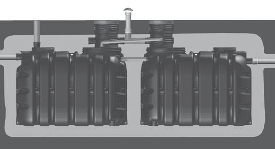 3. MONTAŻ OCZYSZCZALNI 1 2 8 8 3 4 1) Odpowietrzenie obowiązkowa wentylacja wysoka Ø110mm z wywiewką wyprowadzoną co najmniej 60cm ponad kalenicę dachu 2) Ścieki fekalne (z WC) 3) Ścieki gospodarcze