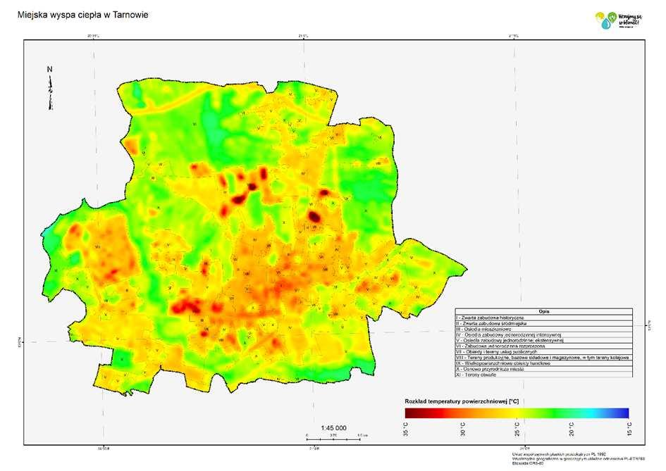 Rysunek 2 Powierzchniowa miejska wyspa ciepła na obszarze Tarnowa Warunki pluwialne miasta Średnia roczna suma opadów w Tarnowie wynosi 709mm (Rysunek 3) przy czym maksymalne opady występują w lipcu,