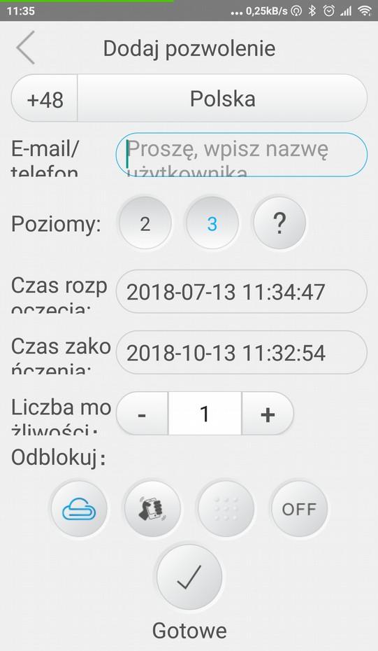 Dodaj uprawnienia użytkownika Kliknij, aby wejść do Danych osobowych Następnie kliknij, aby wybrać zamek który chcesz autoryzować; Kliknij "Dalej" i wprowadź