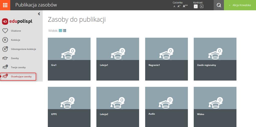 9. Oczekujące zasoby weryfikacja zasobów przez recenzentów Dodatkowo moduł Zasoby edukacyjne dla klas I-VI został wyposażony w dostępną jedynie dla użytkowników o roli recenzenta zakładkę Oczekujące