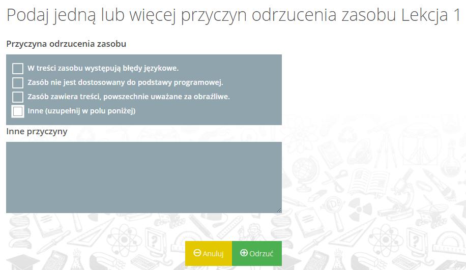 9.2. Publikowanie lub odrzucanie zasobu Po zapoznaniu się z wybranym materiałem użytkownik o roli recenzenta może opublikować zasób tj.