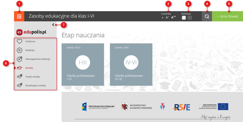 3. Strona główna Strona główna bazy zasobów edukacyjnych składa się z: ikony umożliwiającej przejście do głównego menu portalu (1), ikon umożliwiających zmianę wielkości czcionki (2), ikon