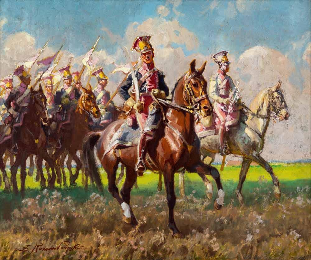 43 Zygmunt Rozwadowski (1870 Lwów 1950 Zakopane) Ułani Księstwa Warszawskiego olej, płótno, 54 65 cm, sygn. l.d.: Z.