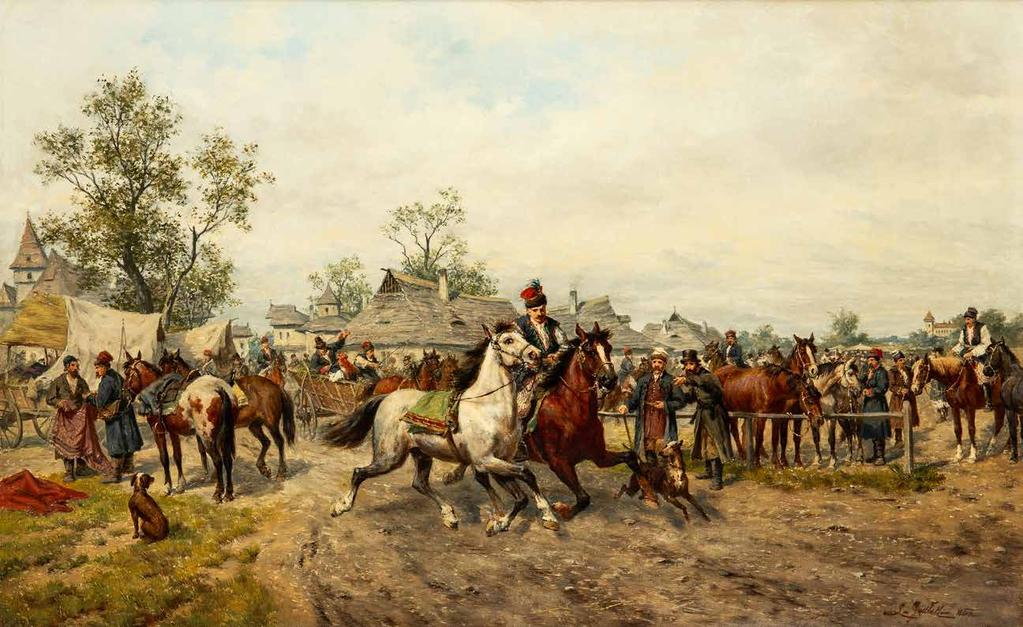 5 Ludwik Gędłek (Kraków 1847 Wiedeń 1904) Targ koński olej, płótno naklejone na tekturę, 41 67 cm, sygn. p.d.: L.