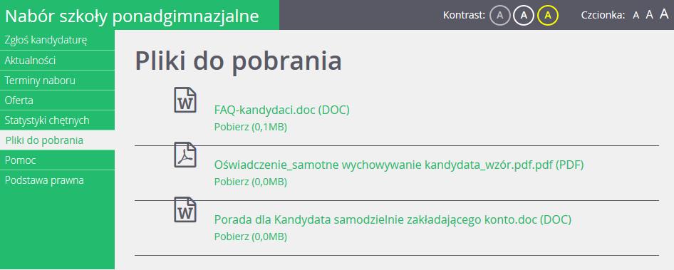 Podstawowe informacje o systemie Nabór Szkoły ponadgimnazjalne W pozycji Pliki do pobrania są umieszczane dokumenty, instrukcje, przewodniki potrzebne w procesie rekrutacyjnym.