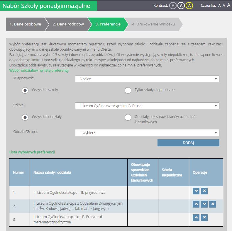 Rejestracja kandydata Jeśli organ prowadzący w porozumieniu ze szkołami objętymi systemem naboru tak ustalił, po wyborze oddziałów należy utworzyć listę preferencji dla języków